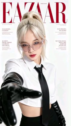 Woman with blonde hair and sunglasses wearing a white shirt and black tie on a magazine cover