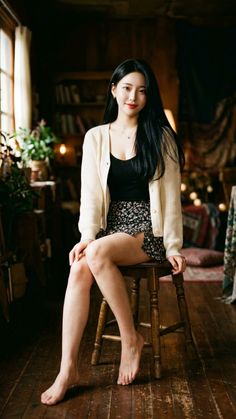 Woman with long black hair wearing a floral skirt and cardigan, sitting indoors
