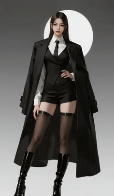 Woman in a black suit with shorts and thigh-high stockings