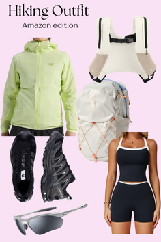 A flat lay of a hiking outfit including a jacket, shorts, sneakers, and accessories