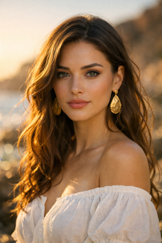 Woman with long hair and an off-shoulder top at golden hour