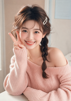 Smiling woman with braided hair and an off-shoulder pink sweater making a peace sign