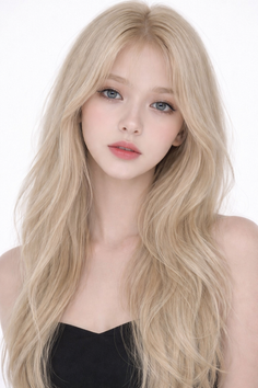 Woman with long blonde hair and blue eyes wearing a black top