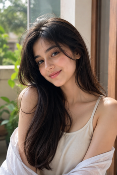 Woman with long dark hair wearing a tank top and white shirt outdoors