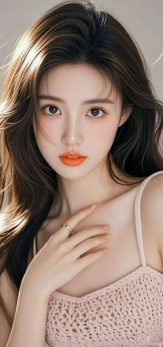 Woman with long brown hair and orange lipstick wearing a pink top