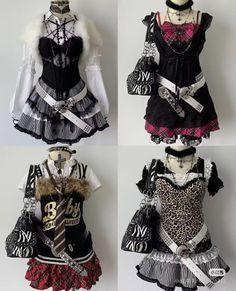 Four gothic and punk-inspired outfits displayed on mannequins
