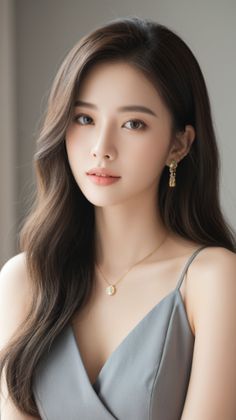 Woman with long brown hair wearing a gray dress and jewelry