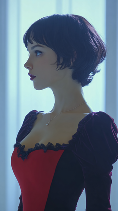 Woman with short dark hair in a red and velvet dress with lace trim