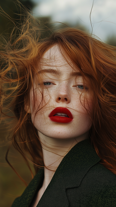 Woman with red hair and freckles wearing red lipstick and a green jacket