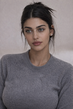 Woman with green eyes and dark hair wearing a grey sweater