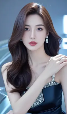 Woman with long brown hair wearing a black dress with sparkling details