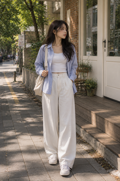 Woman in a striped shirt and white pants walking on a sunny street