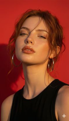 Woman with red hair and hoop earrings against a red background