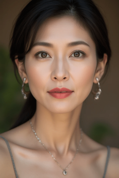 Woman with black hair and red lipstick wearing earrings and a necklace