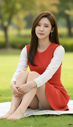 Woman in a red dress sitting on a blanket on green grass outdoors