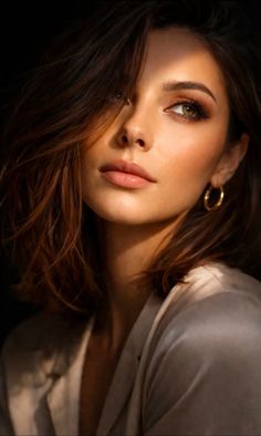Woman with short brown hair and green eyes in soft, dramatic lighting