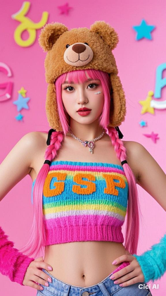 Woman with pink hair and a teddy bear hat wearing a rainbow crop top and jeans