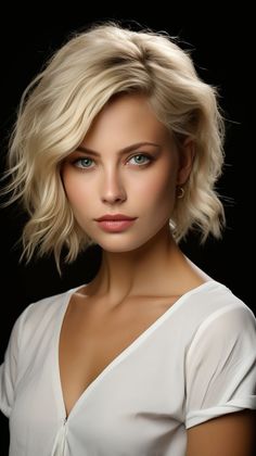 Woman with blonde, short hair and blue eyes wearing a white shirt