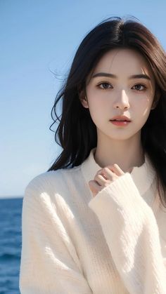 Woman with long dark hair wearing a white sweater outdoors under a blue sky