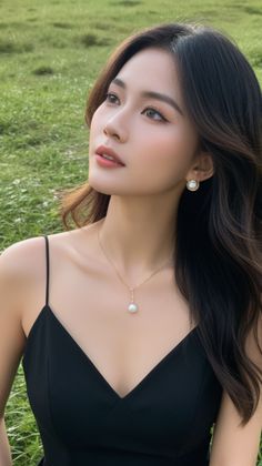 Woman with long black hair wearing a black dress and pearl jewelry outdoors
