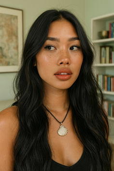 Woman with long wavy hair and freckles wearing a shell necklace and black top