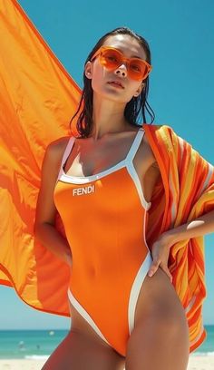Woman in an orange swimsuit and sunglasses on a sunny beach