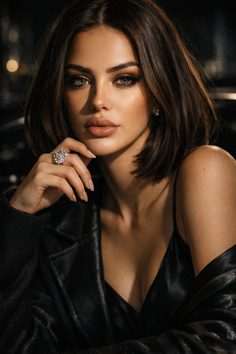 Woman with short dark hair and a black jacket in dramatic lighting