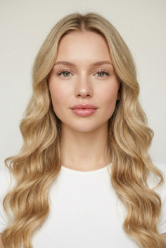 Woman with long wavy blonde hair and green eyes wearing a white t-shirt