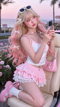 Woman with pink hair and a pink skirt posing in a car at sunset