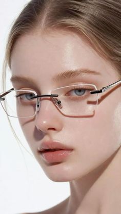 Close up portrait of a woman with blonde hair and blue eyes wearing glasses