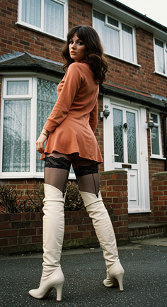 Woman in a mini dress, stockings, and thigh-high boots posing outdoors