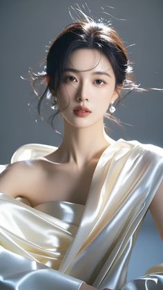 Woman in an elegant cream-colored dress with an updo hairstyle and jewelry