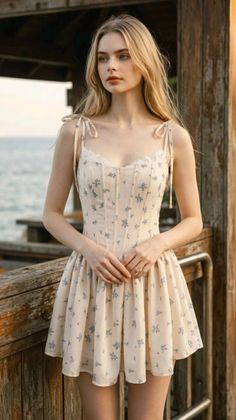 Woman in a floral dress standing on a wooden pier by the water