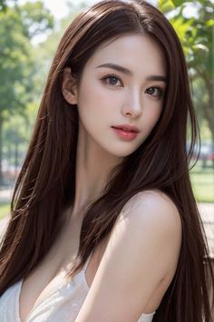 Woman with long brown hair wearing a white top outdoors