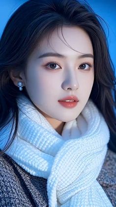 Woman with long dark hair and a white scarf against a blue background