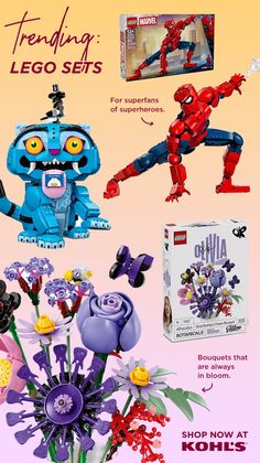 Advertisement for trending Lego sets including Spider-Man, a blue cat, and flower bouquets