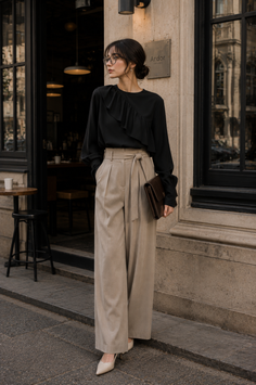 Woman in a black blouse and wide leg pants standing outside a building