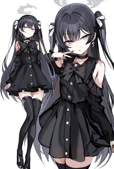 Anime girl with long black twin tails wearing a black dress and thigh-high socks