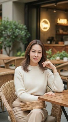 Woman in a white sweater sitting at an outdoor cafe