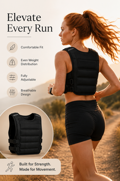 Woman with red hair wearing a weighted vest and running shorts outdoors at golden hour