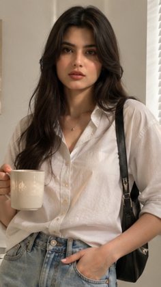 Woman with long dark hair in a white shirt and jeans holding a mug indoors