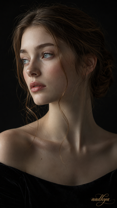 Woman with blue eyes and brown hair in an off-shoulder dress