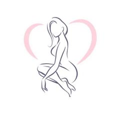 Minimalist line art of a woman with a pink heart in the background