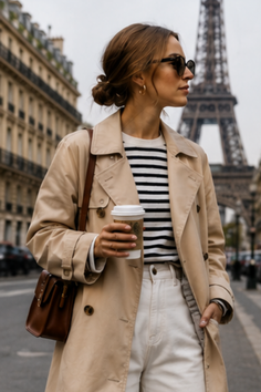 Woman in a trench coat and sunglasses holding a coffee cup on a street with the Eiffel Tower