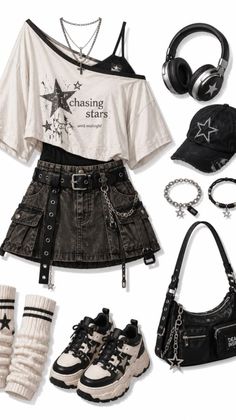 A complete outfit with a denim skirt, off-shoulder top, and star-themed accessories