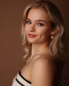 Blonde woman with wavy hair and gold earrings against a brown background