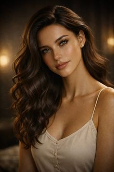 Woman with long wavy hair and green eyes wearing a spaghetti strap top