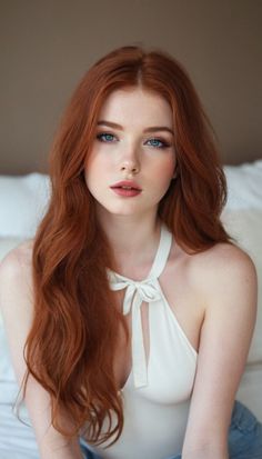 Woman with long red hair and blue eyes wearing a white top