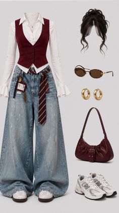 Full body flat lay of a casual outfit with a maroon vest and baggy jeans