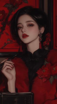Woman with black hair and red lipstick wearing a cheongsam and red fur